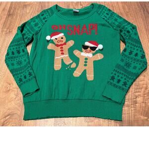 Ugly Christmas Sweater Women's XL Gingerbread‎ "Oh Snap" Well Worn Green Holiday